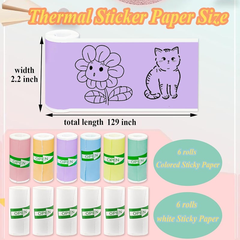 OMGFUNAA 12 Rolls Self-Adhesive Mini Printer Sticker Paper - 6 White & 6 Vibrant Colors for M02/T02 Printers (Remove Inner Paper Holder), Thermal Sticker Paper Continious Labels for Study Notes & Scrapbooking - Image 4